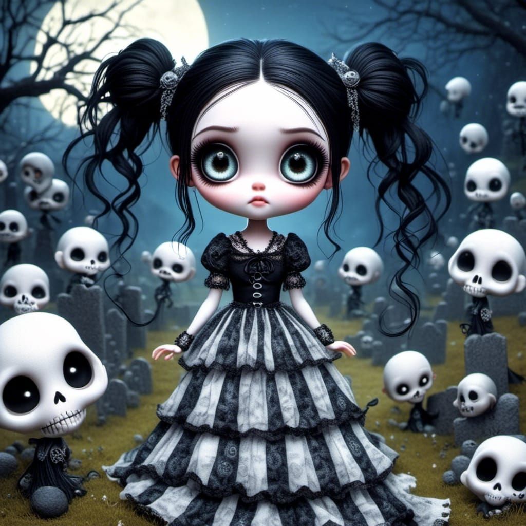 Chibi Gothic Girl in Cemetery, Burton Style