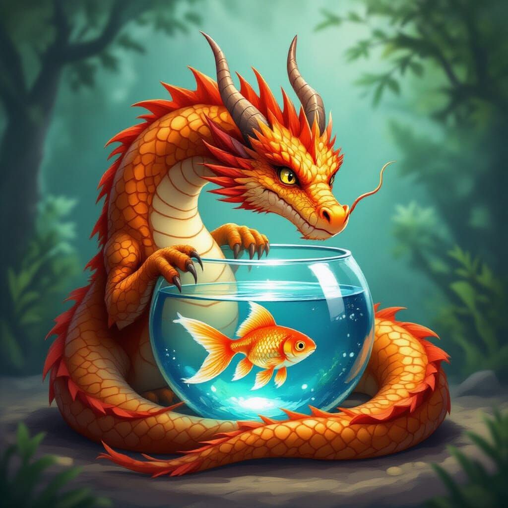 Mighty Dragon Guards Glowing Goldfish in Glass Bowl