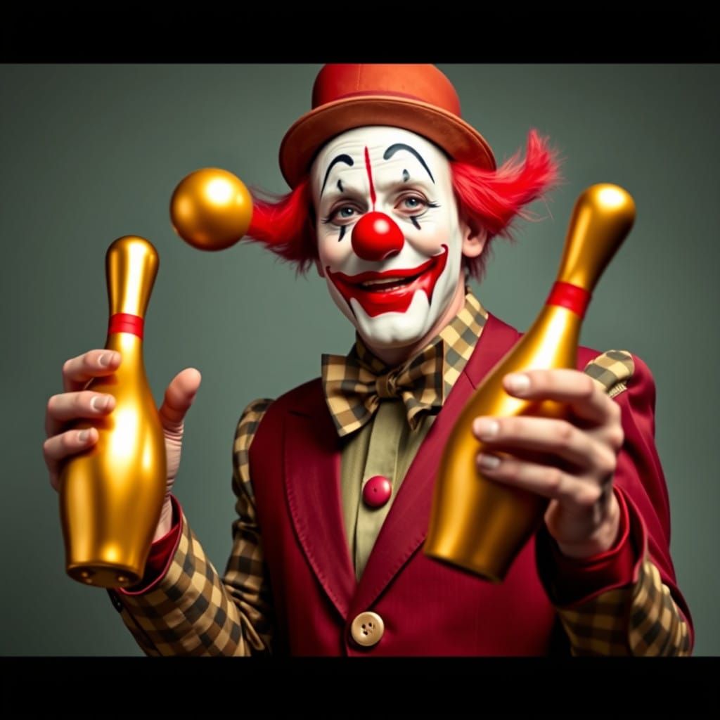Clown Juggling Gold Bowling Pins