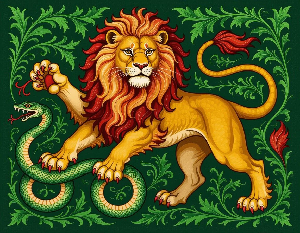 Heraldic Lion with Snake Tail on Emerald Green