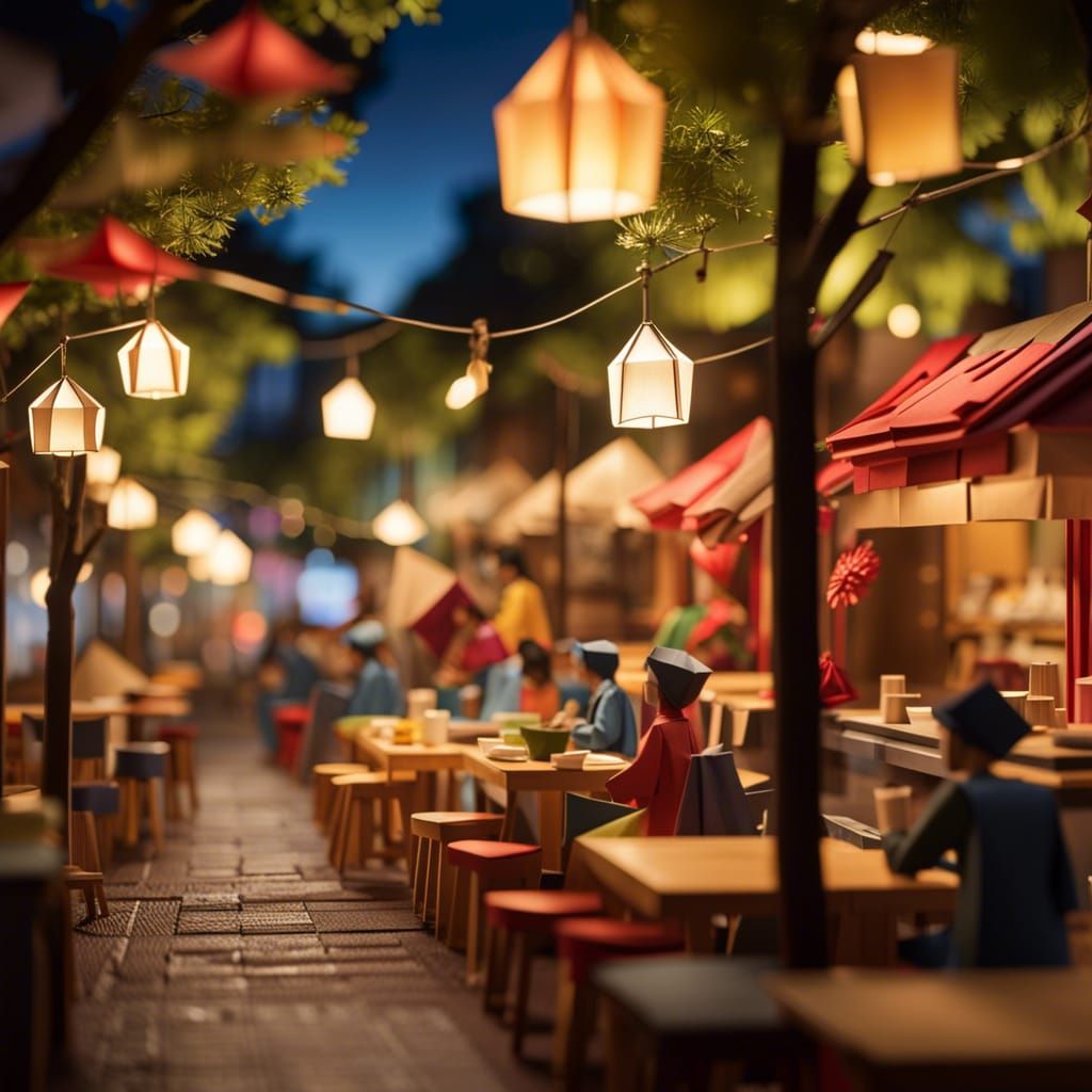 Vibrant Origami Landscape of Street Cafes at Dusk