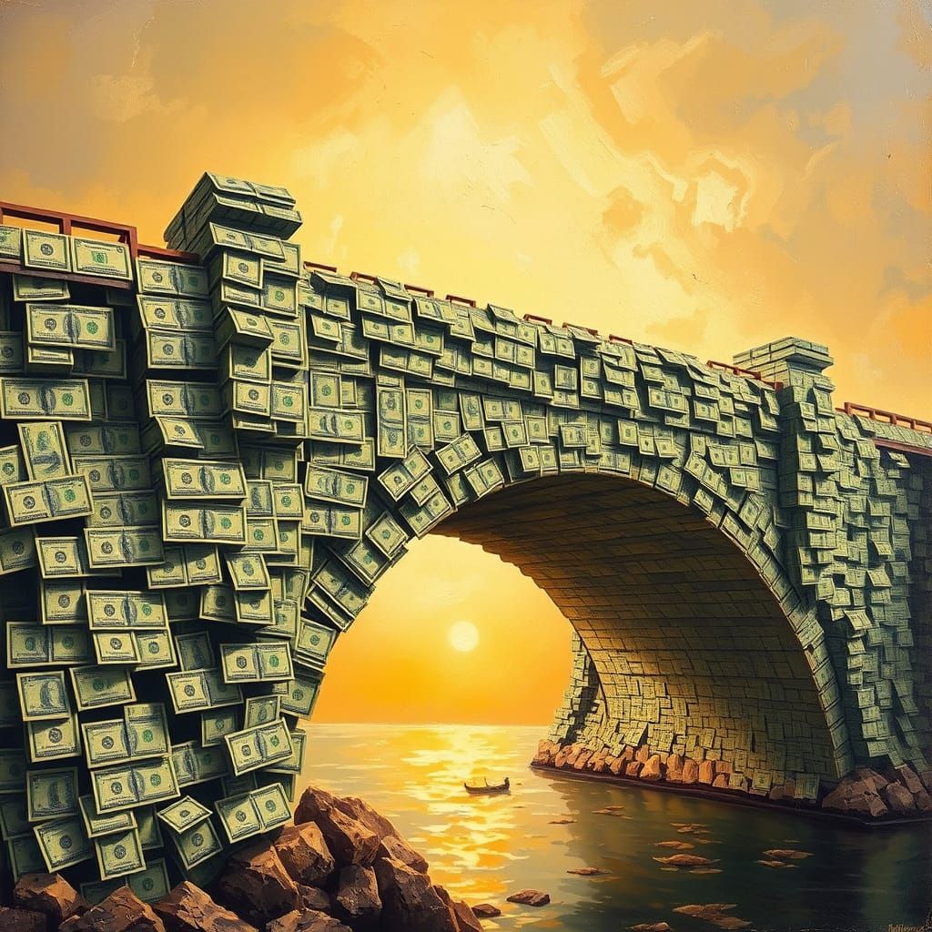 Majestic Bridge of Dollar Bills in Golden Light
