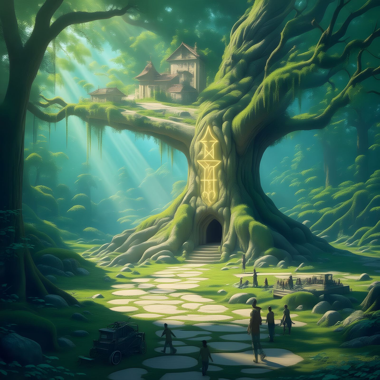Ancient Elven Tree in Magical City, Ghibli Watercolor Style