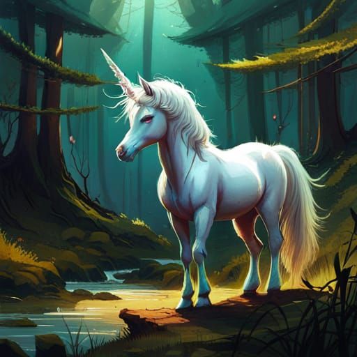 Cute Unicorn in Forest: Digital Fairycore Illustration