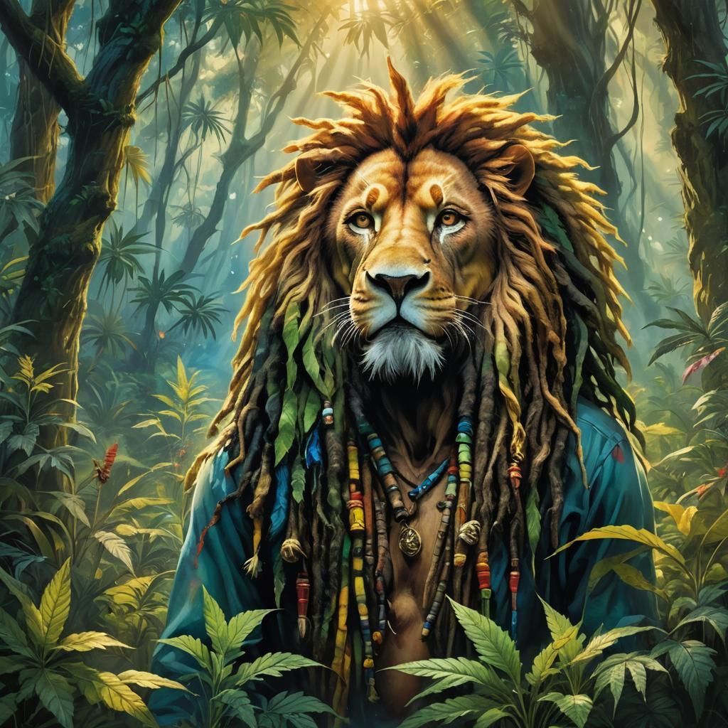 Bob Marley Lion King in a Cannabis Forest