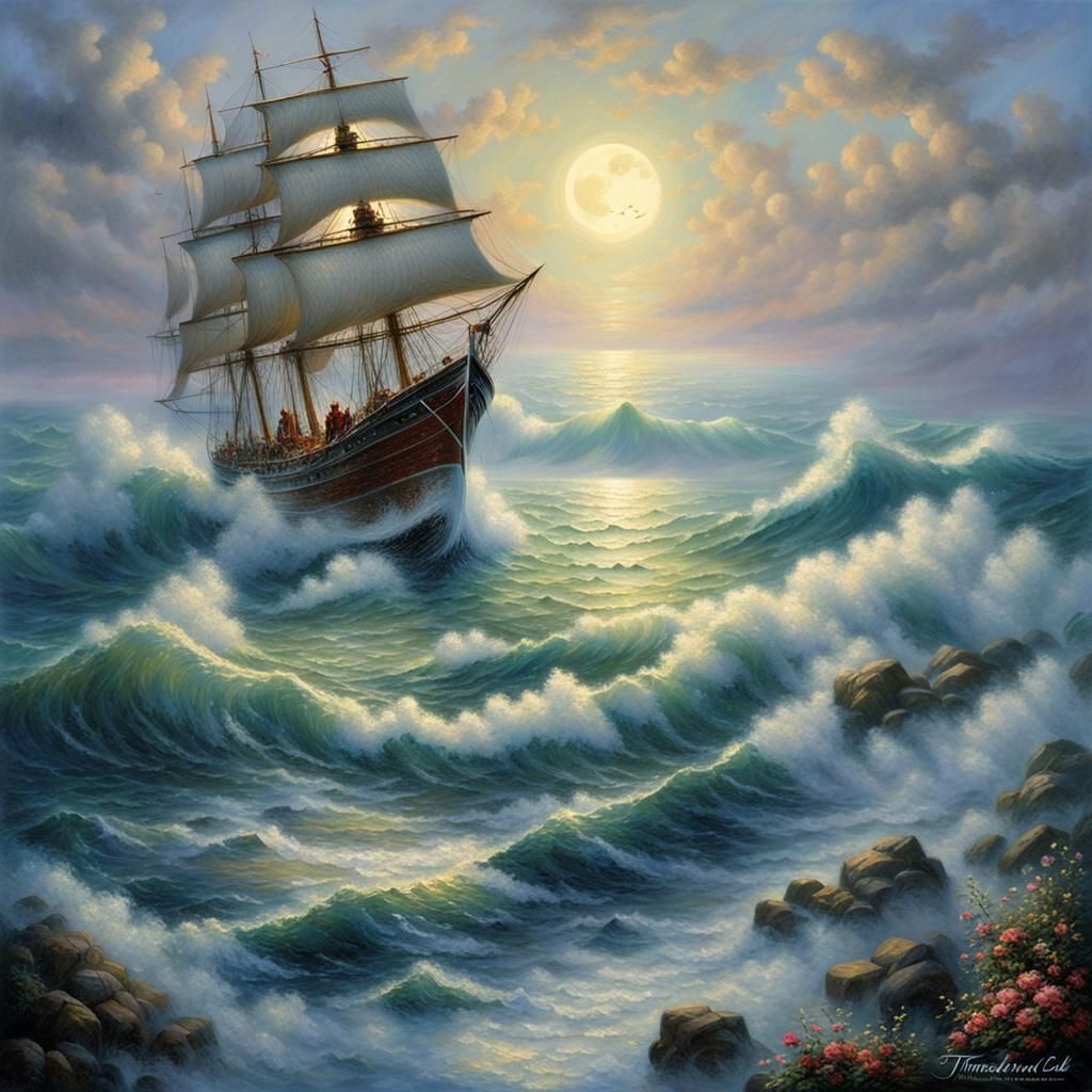 Ethereal Ship Sails Moonlit Sea: Fantasy Art