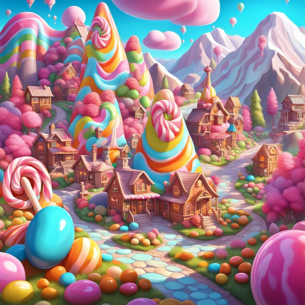 welcome to sugar mountain, a fantasy landscape where everything is made of candy Candy art style! Whimsical playful colo...