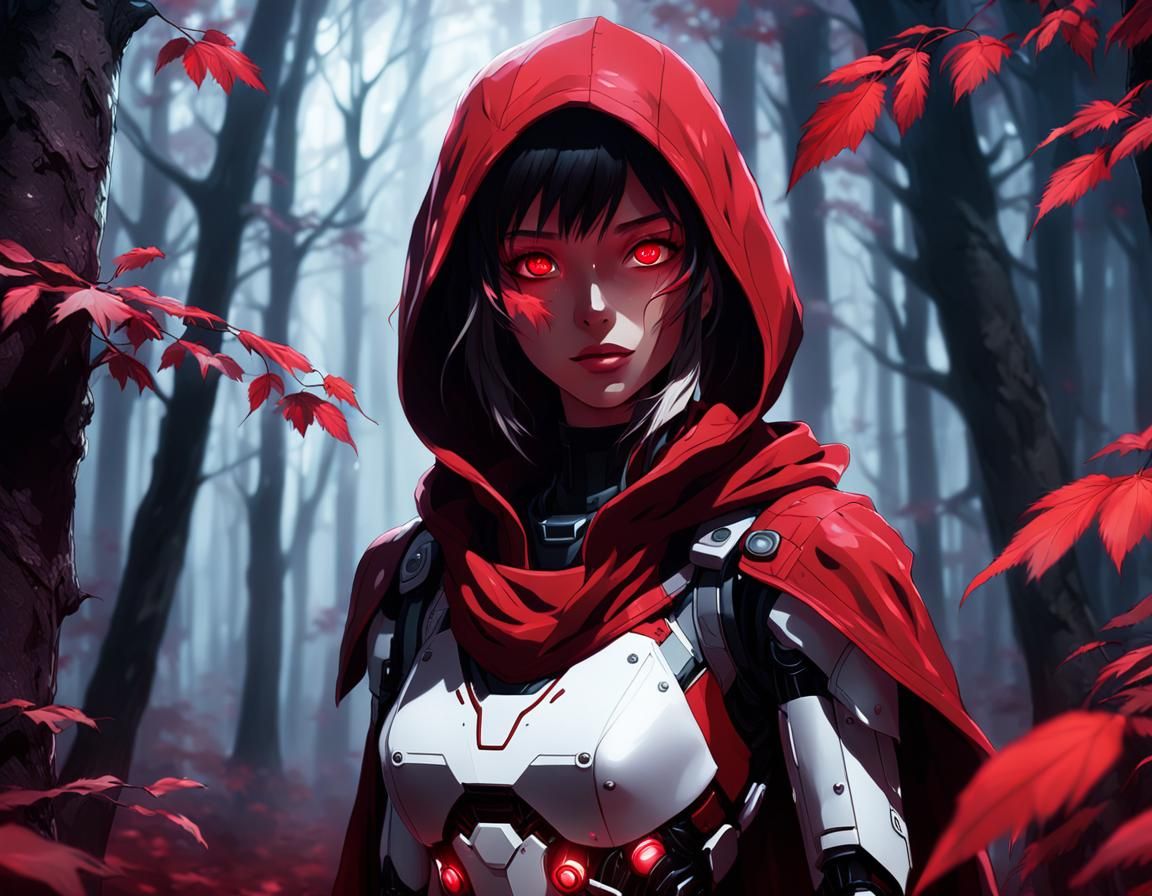 Anime Girl and Robot in Red Forest