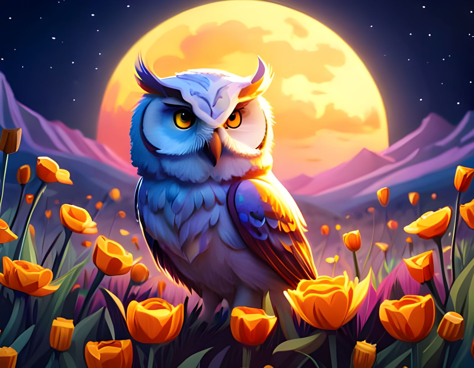 Cute Owl in Flower Field at Night: Fantasy Art