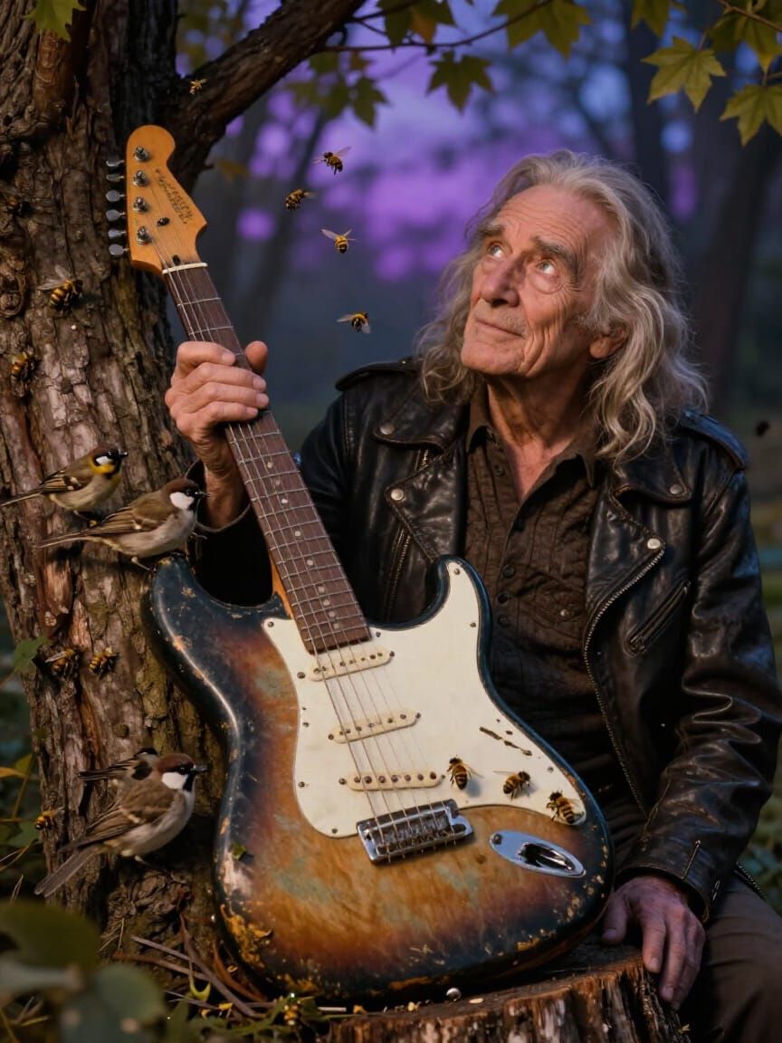 Surreal Electric Guitar on Tree Stump with Wildlife
