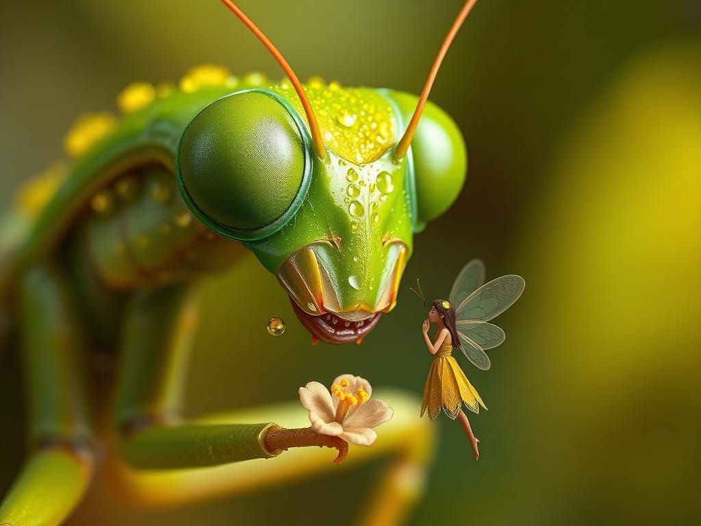 Whispering Wonder: Praying Mantis and Fairy in Enchanted For...