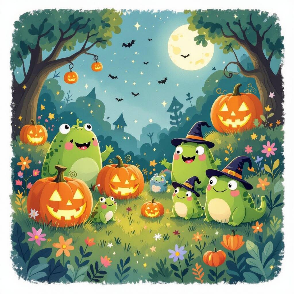 Whimsical Halloween Frogs And Green Monsters Children's Book...