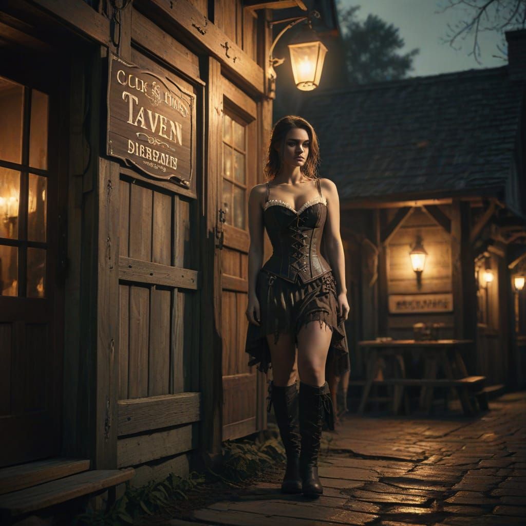 Dark Fantasy Woman Outside Tavern With Moody Lighting