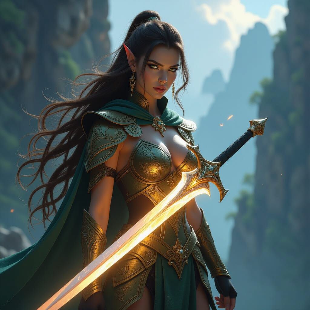Elven Warrior Queen on Cliff with Glowing Sword