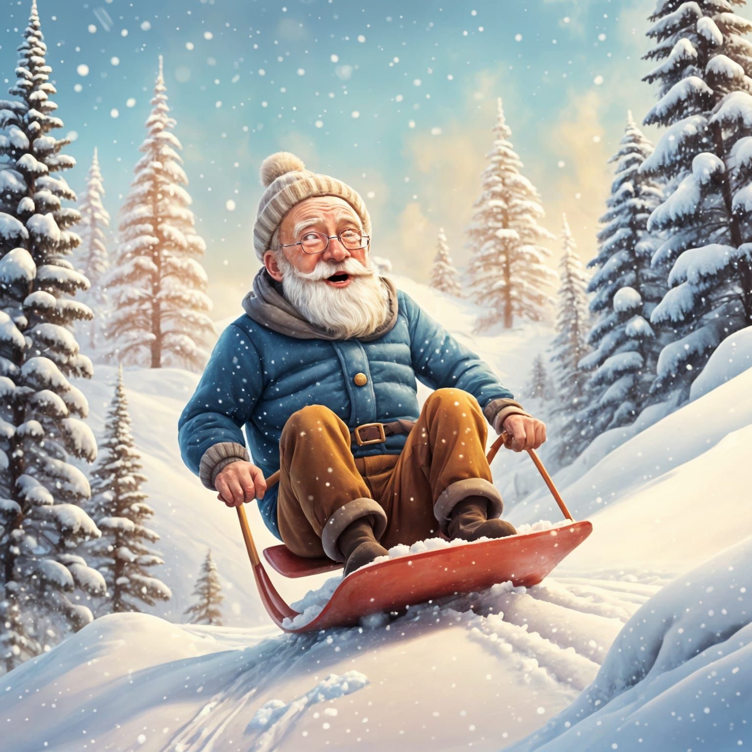 Old Man Sledding Down a Snowy Hill