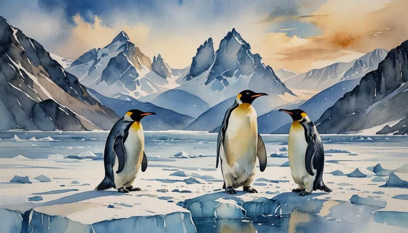 Majestic Emperor Penguin in Watercolor Landscape