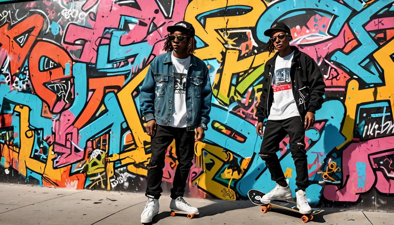 Skaters in Graffiti-Covered Rink in Basquiat Style