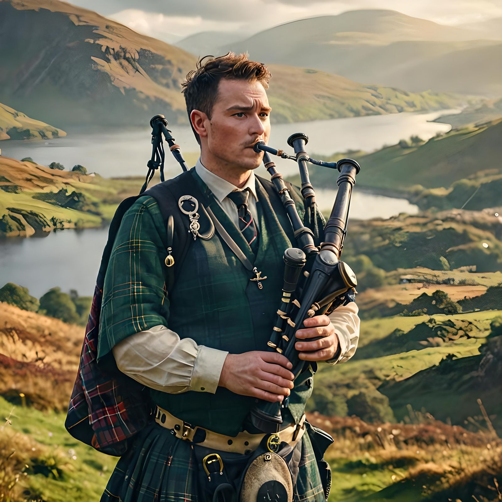 Hyperrealistic Scottish Man Playing Bagpipes in Highlands