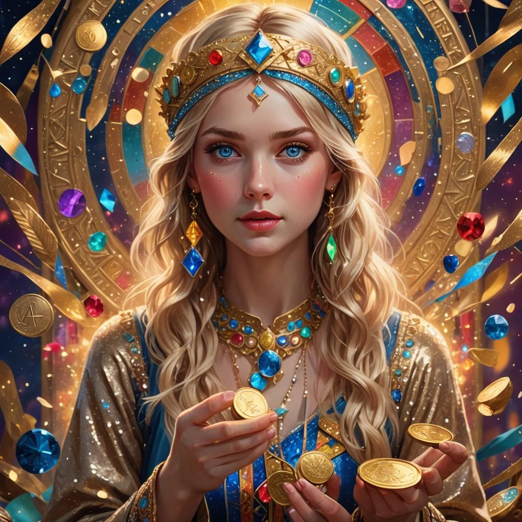 Blonde Tarot Reader with Golden Coins and Letter A
