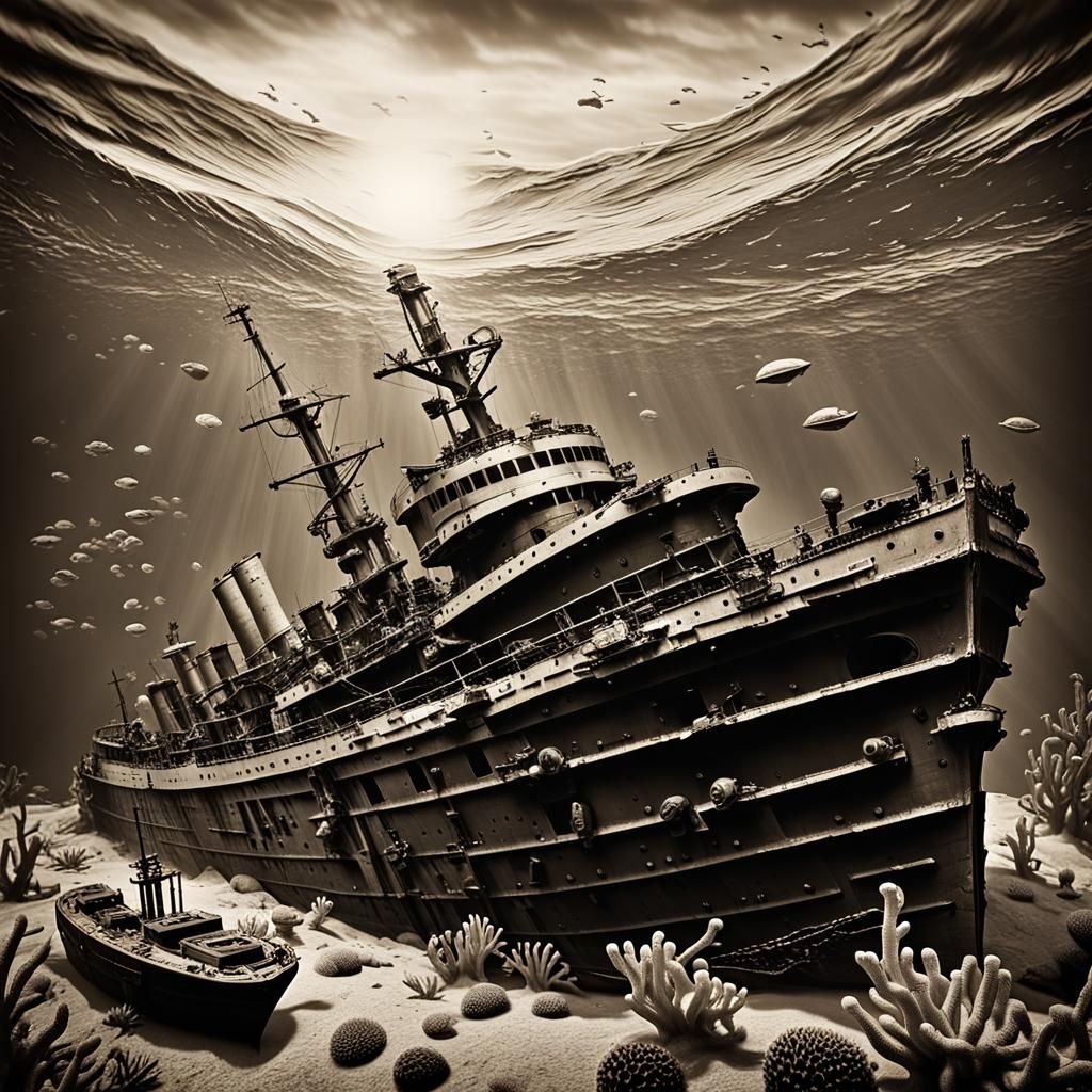 USS Arizona Underwater Shipwreck in Sepia Tones