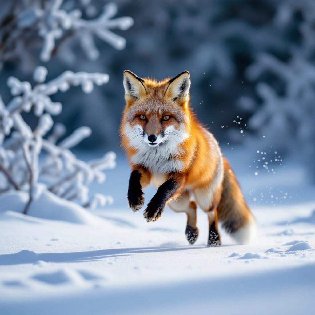 Red Fox Leaping into Snowy Landscape HDR