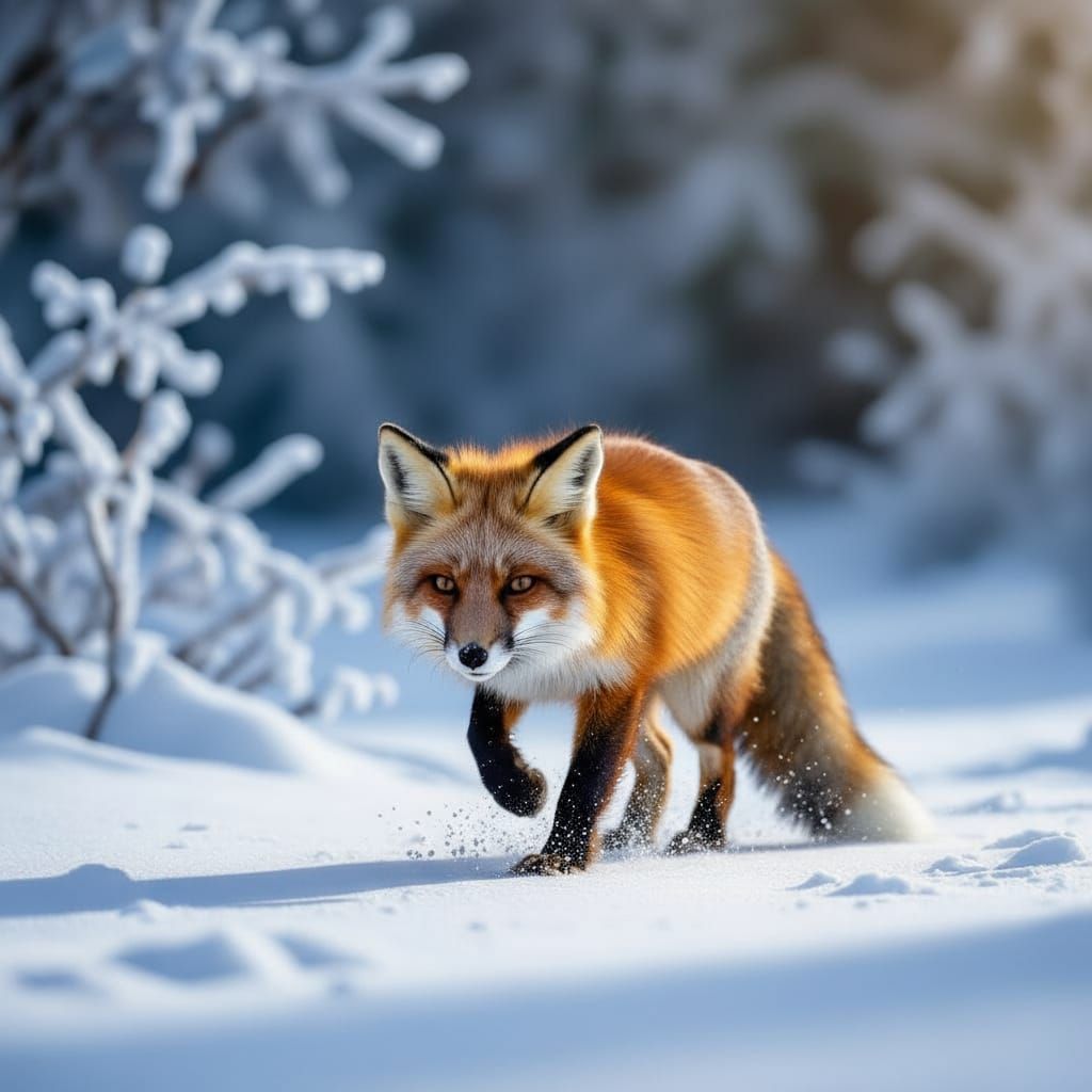 Hyperrealistic Fox Leaping in Snowy Landscape