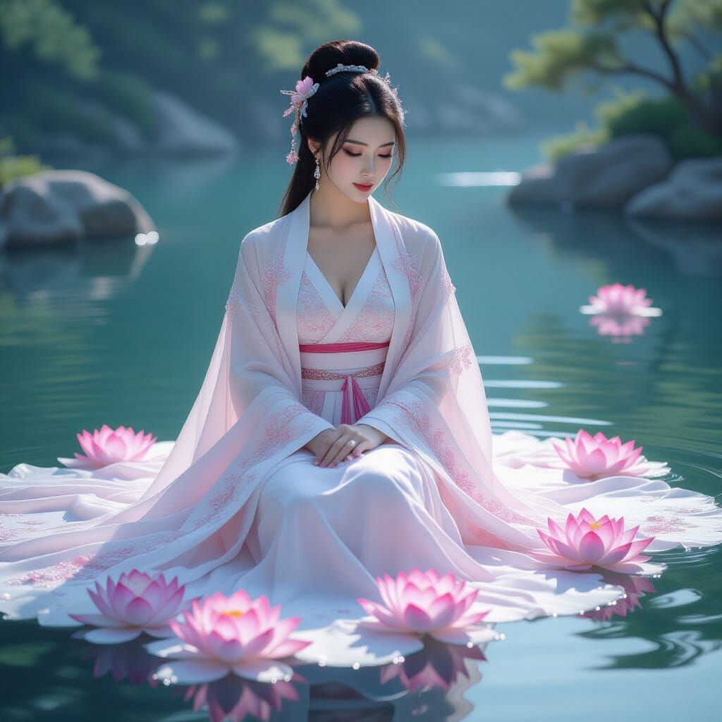 Lotus Petal Hanfu on Elegant Woman