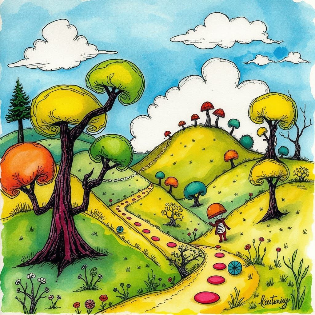 Whimsical Dr. Seuss-Inspired Landscape in Vibrant Colors