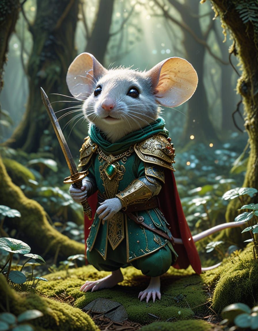 Mouse Warrior in Lush Fantasy Forest