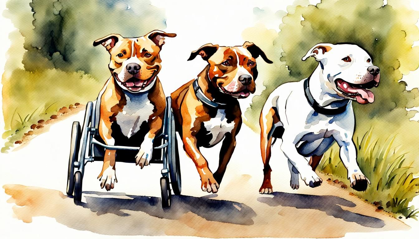 Pit Bull in Wheelchair Running, Watercolor Style