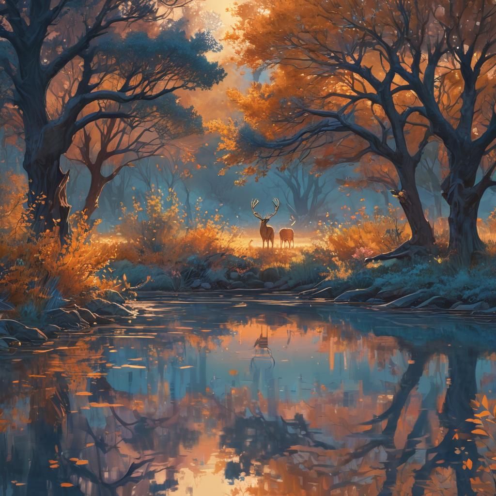 River Scene with Deer in Ink Splash Art