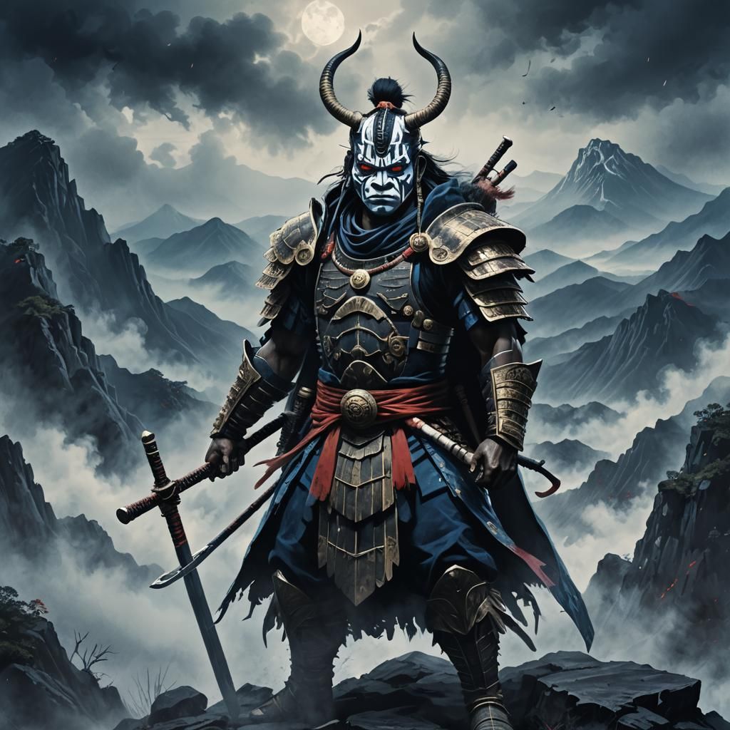 Zulu Kabuki Warrior on Misty Peak in Dark Fantasy