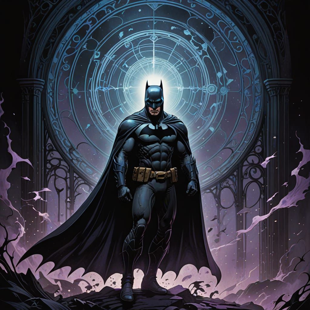 Art Nouveau Batman Faces Spectral Phantom Zone Figure