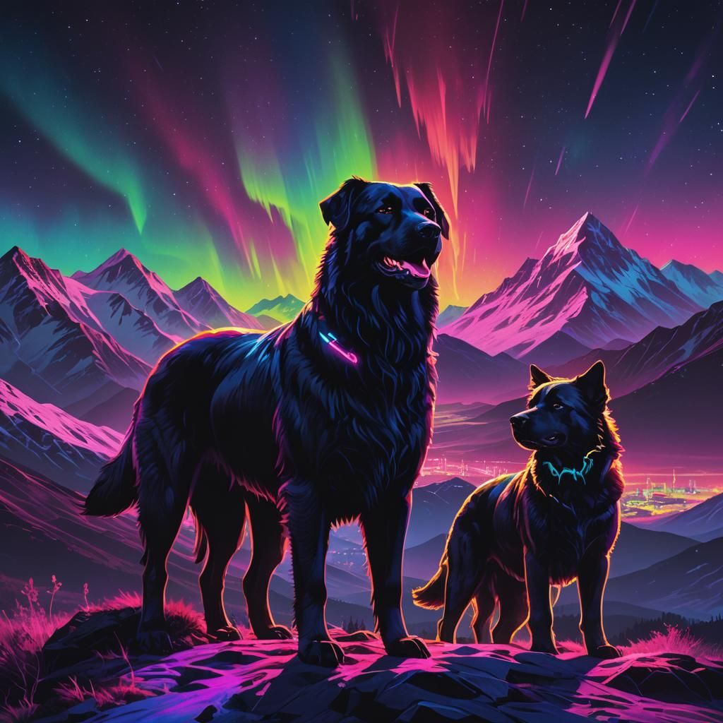 Synthwave Giant Black Dog Eats Dogs in Mountains
