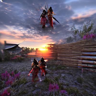 Samurai Warriors Clash at Sunset in 8k Resolution