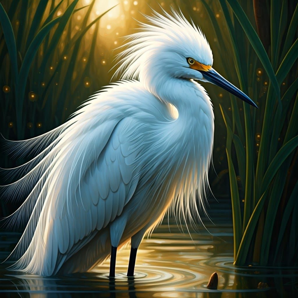 Majestic Snowy Egret in Dreamlike Abstract Realism