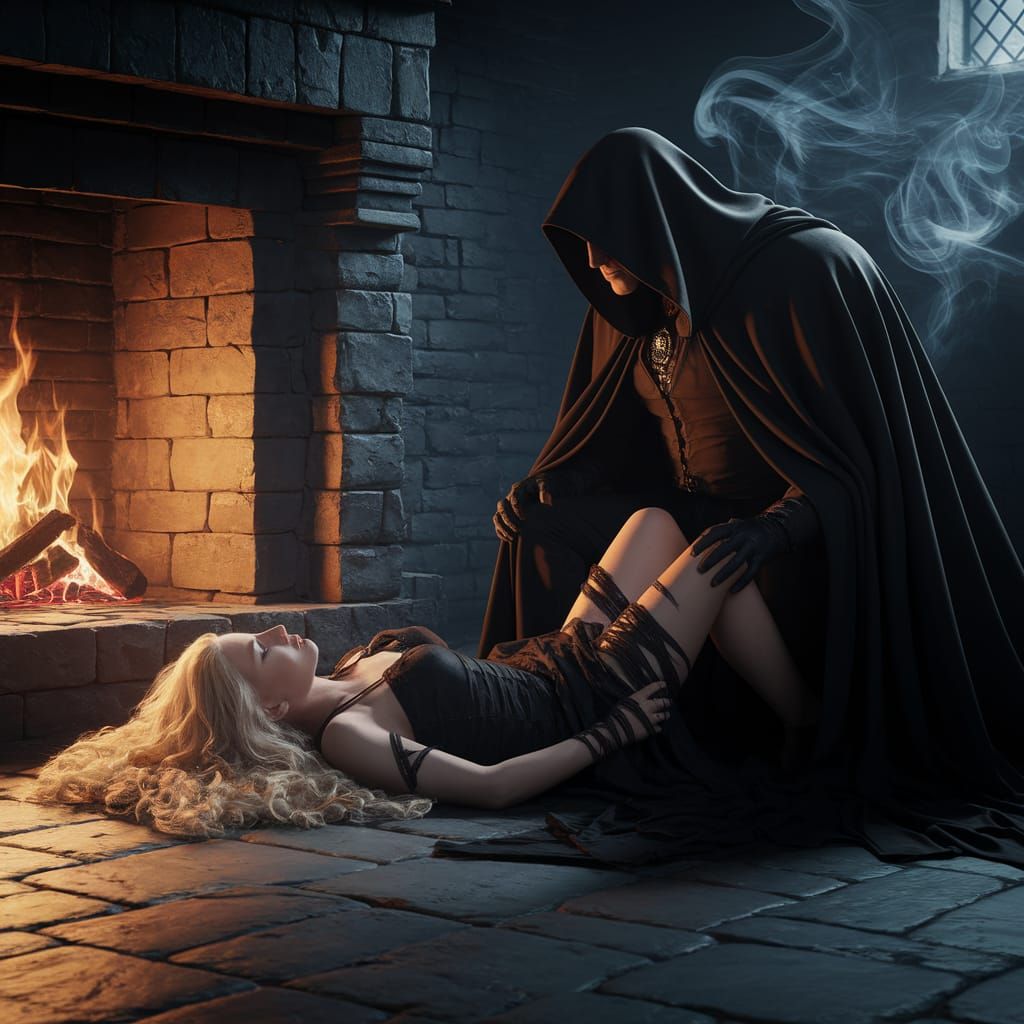Wounded Blonde in Dark Castle with Hooded Figure