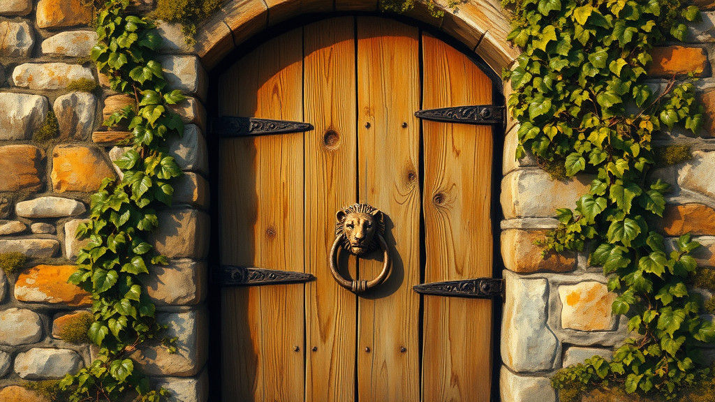Rustic Door with Ivy in Oil Painting Style