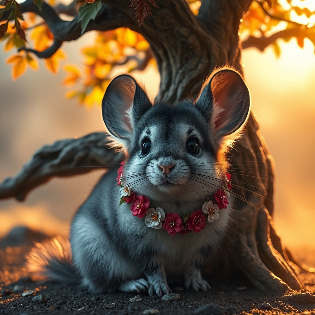 Chinchilla with Big Eyes Under Ancient Tree