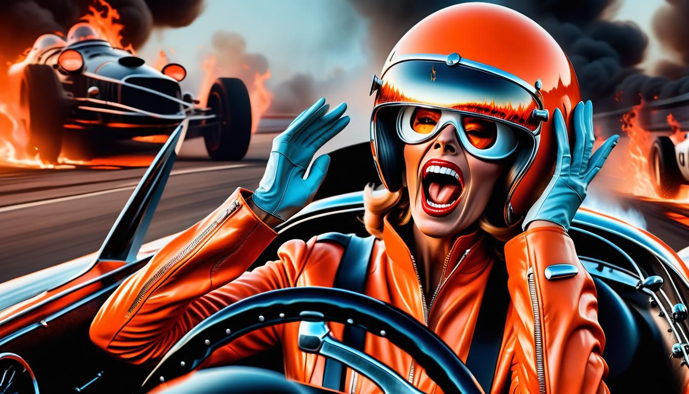 Woman Screaming in Burning 60s Race Car