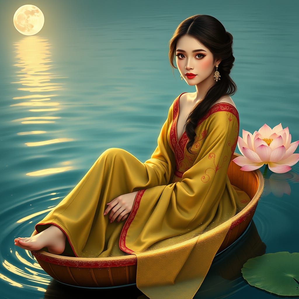 Serene Goddess in Golden-Green Gown Sits in Delicate Boat