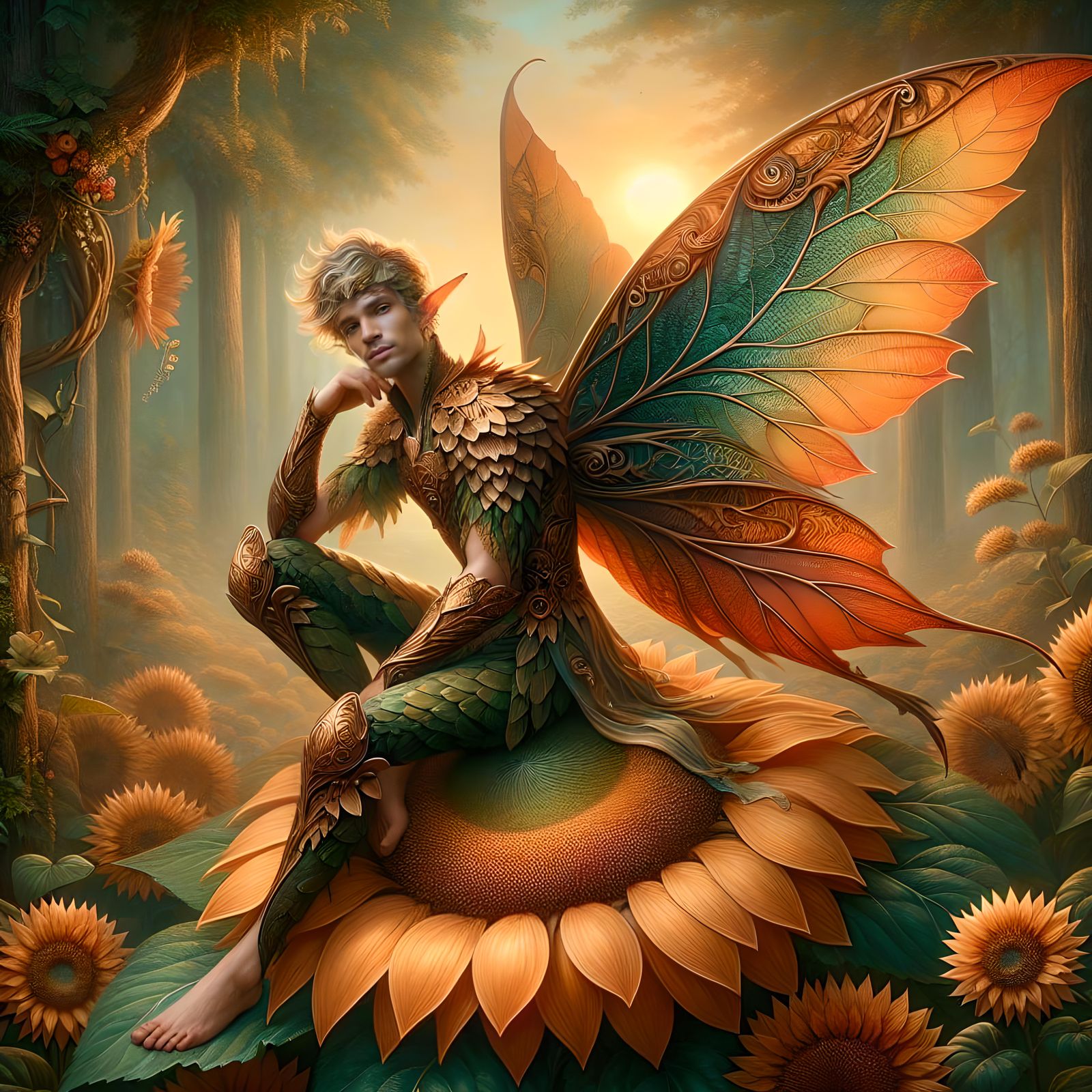 Fairy with Dragon Wings on Sunflower at Sunset