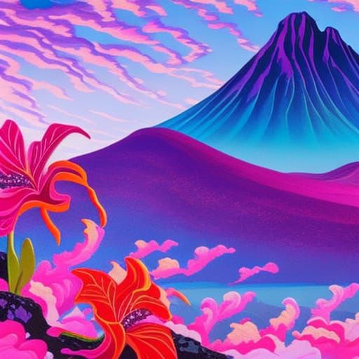 Erupting Volcano in Hawaii with Hibiscus, Gouache Style