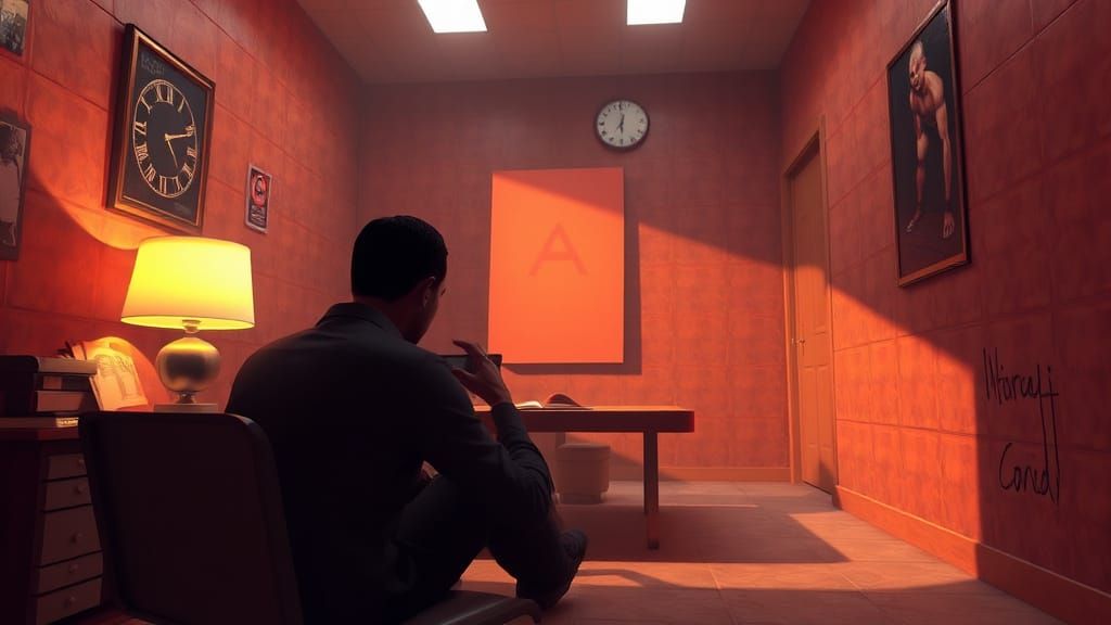 Intense Cubist Interrogation Scene in Warm Colors