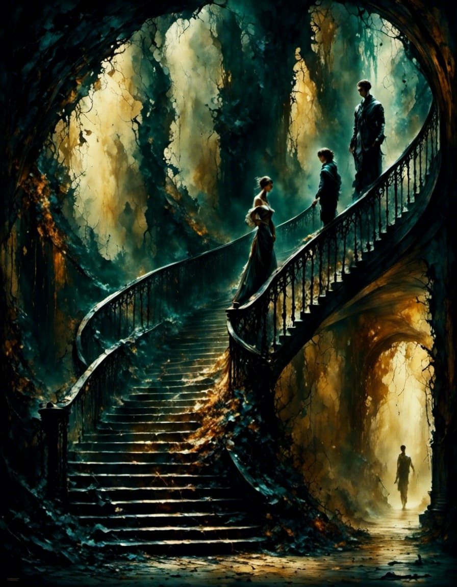 Boy on Sprawling Staircase: Surrealist Oil Painting