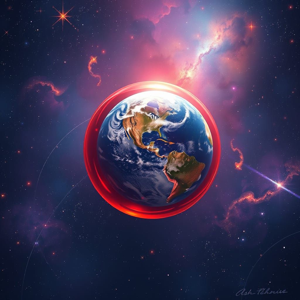 A transparent red bubble surrounding Earth in space
