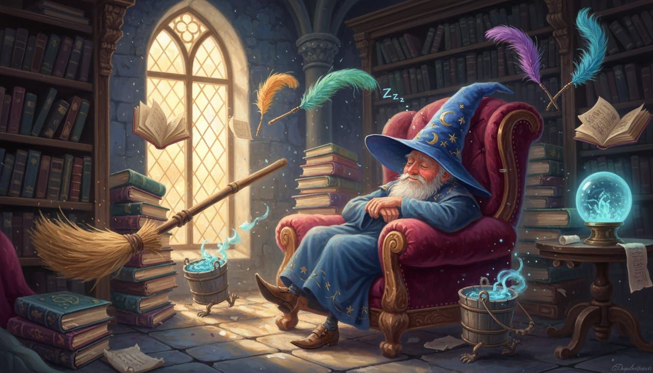 Wizard Naps in Magical Tower Oil Painting