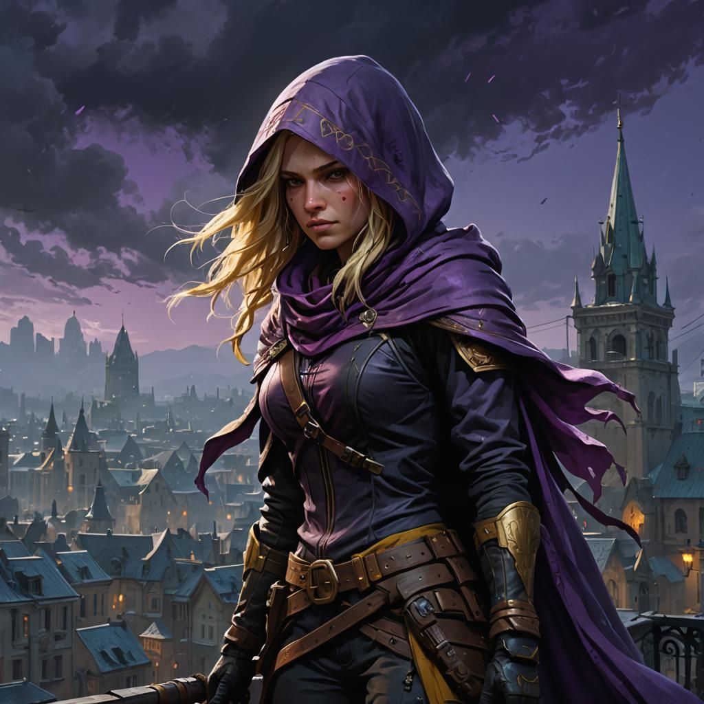 Female Rogue in Dark Fantasy City, Digital Art