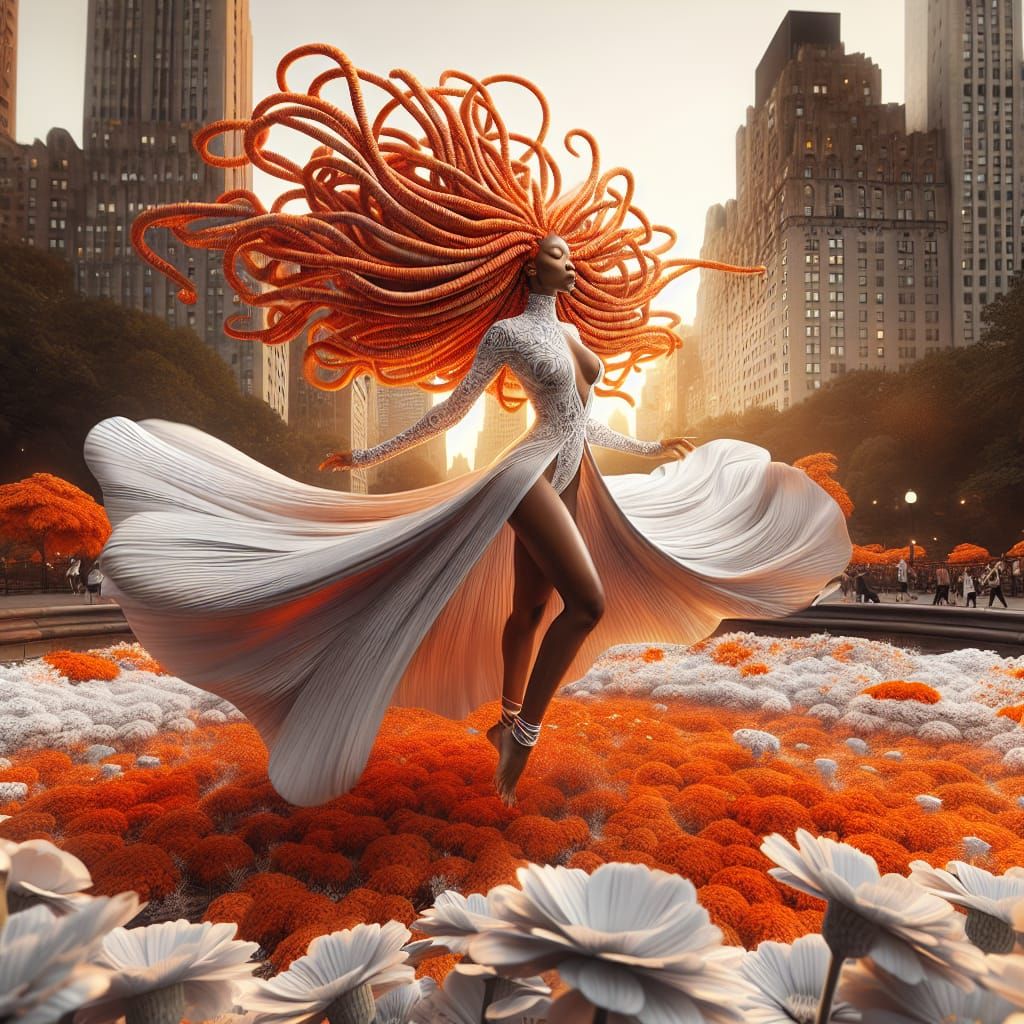 Hispanic Goddess Floating in Sunrise Flower Field