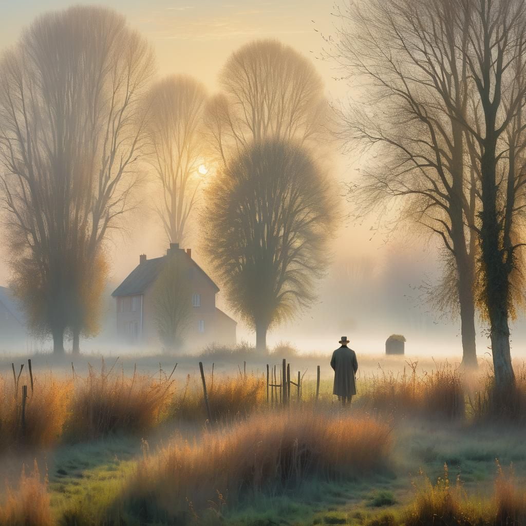 Impressionist Landscape with Figure in Foggy Field